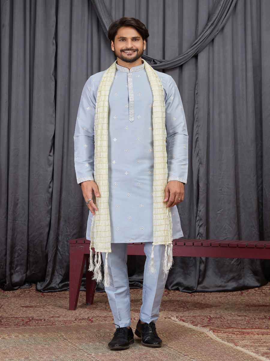 Sky blue Art Silk Embroidery Wedding Party Festival Ready Mens Kurta