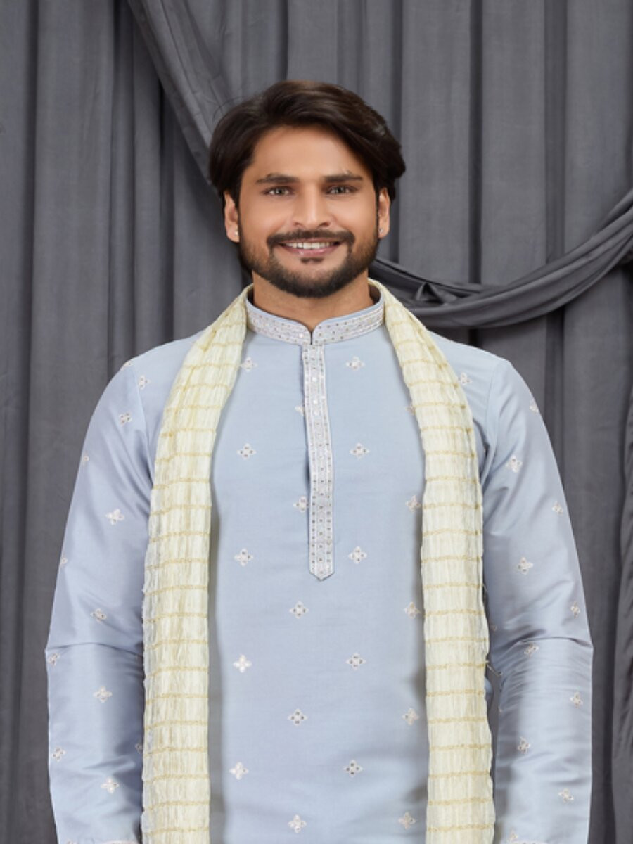 Sky blue Art Silk Embroidery Wedding Party Festival Ready Mens Kurta