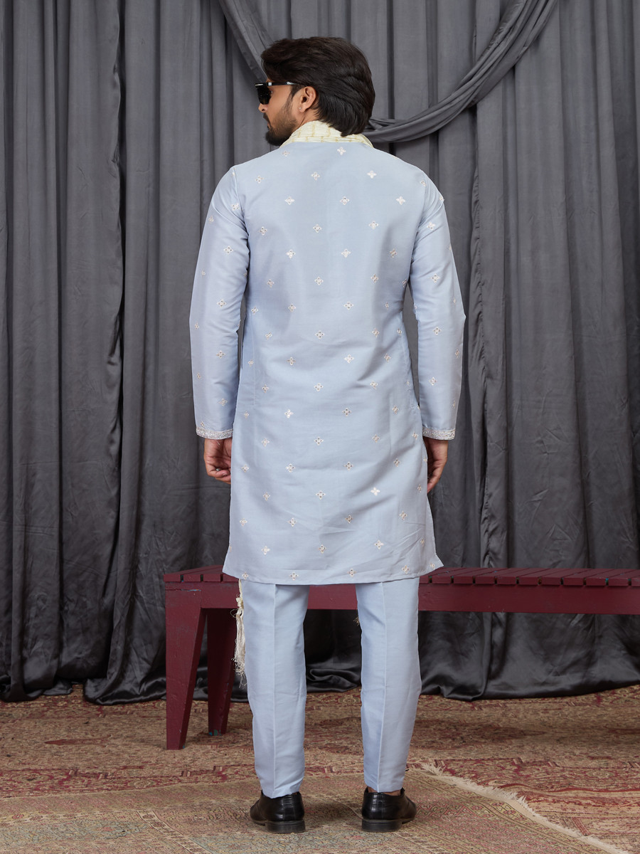 Sky blue Art Silk Embroidery Wedding Party Festival Ready Mens Kurta