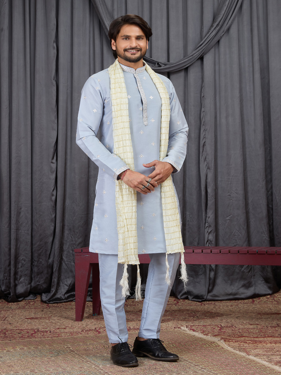 Sky blue Art Silk Embroidery Wedding Party Festival Ready Mens Kurta