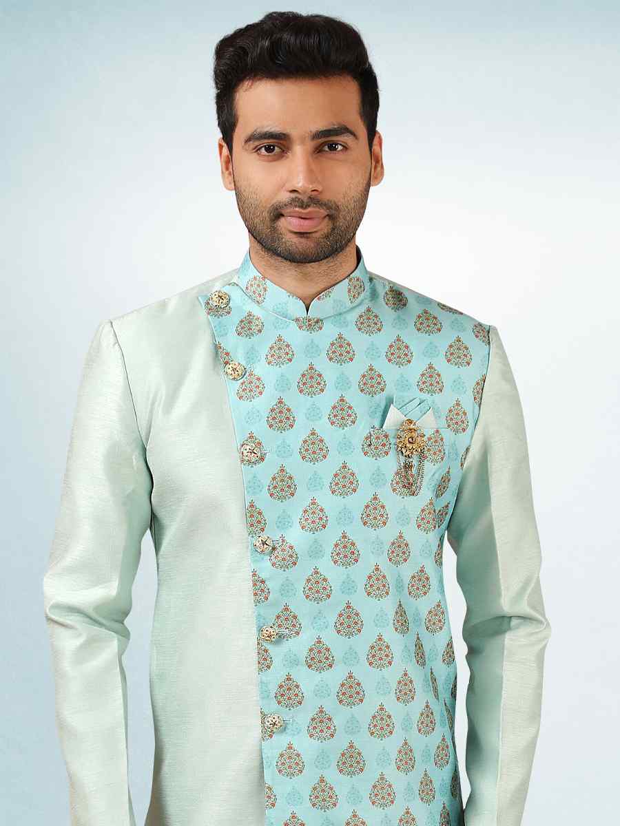 Sky Blue Art Silk Plain Printed Party Wedding Sherwani