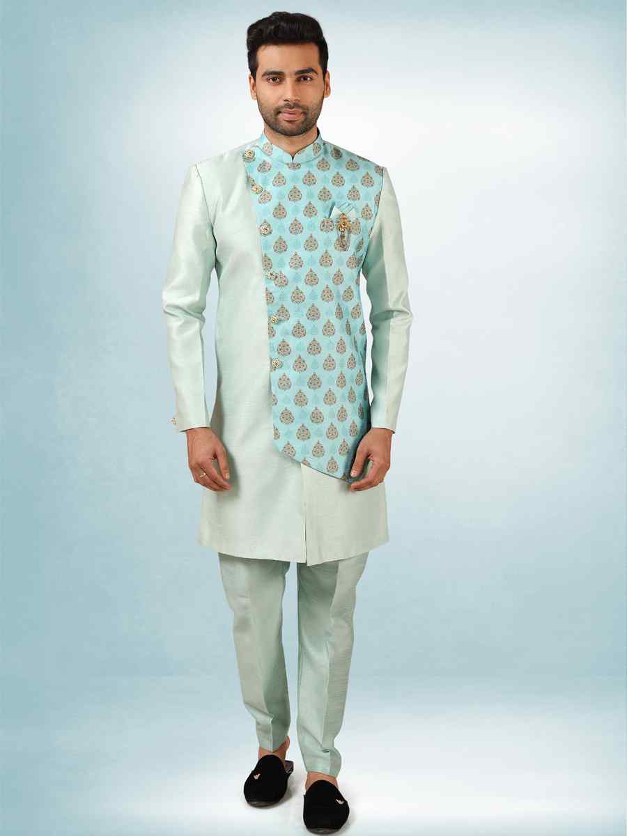 Sky Blue Art Silk Plain Printed Party Wedding Sherwani