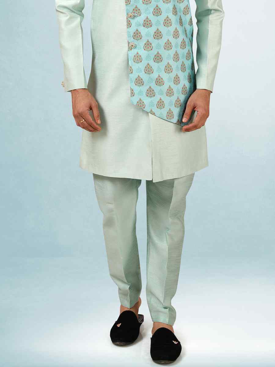 Sky Blue Art Silk Plain Printed Party Wedding Sherwani