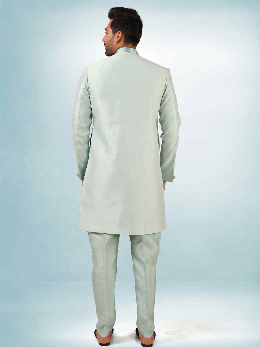 Sky Blue Art Silk Plain Printed Party Wedding Sherwani