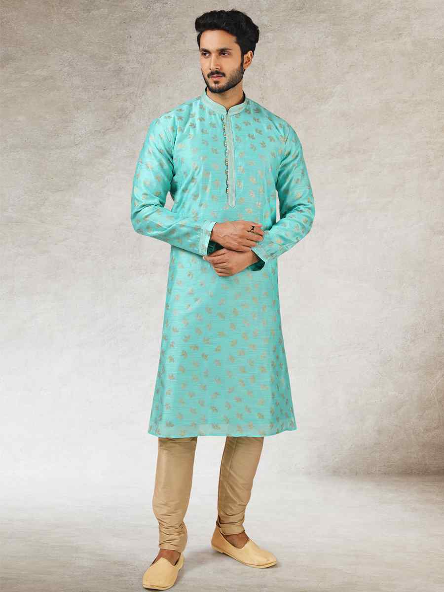 Sky Blue Art Silk Printed Festival Kurta