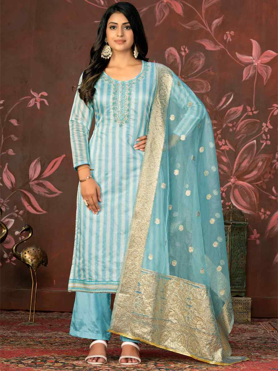 Sky Blue Banarasi Cotton Embroidered Casual Festival Pant Salwar Kameez