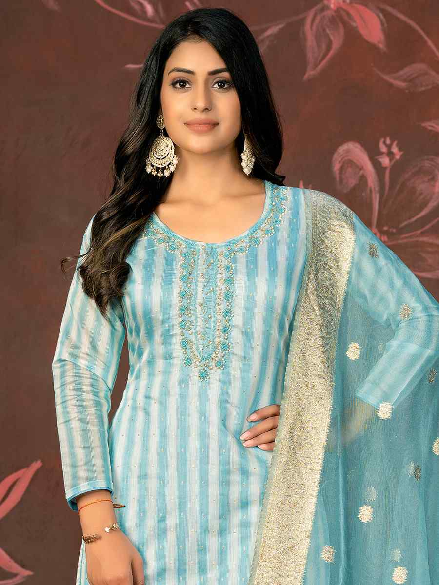 Sky Blue Banarasi Cotton Embroidered Casual Festival Pant Salwar Kameez