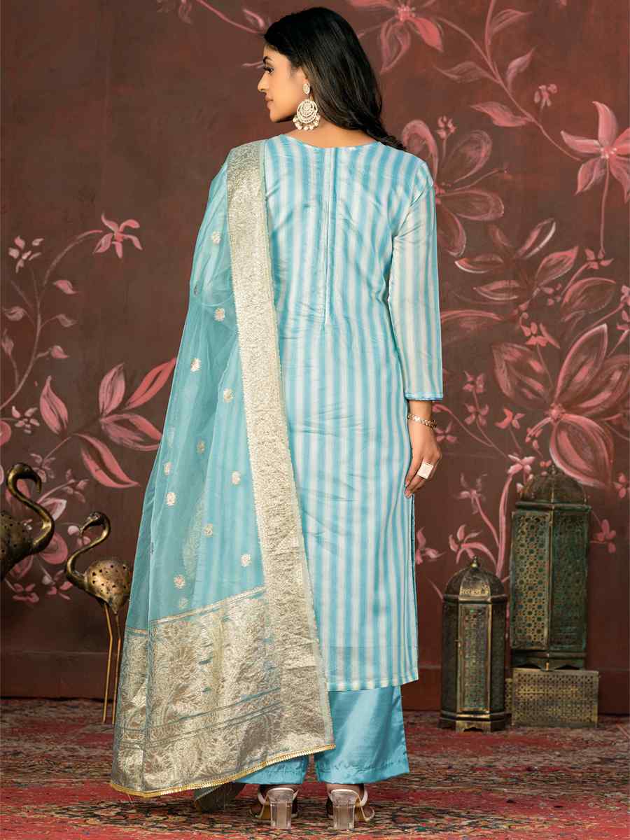 Sky Blue Banarasi Cotton Embroidered Casual Festival Pant Salwar Kameez