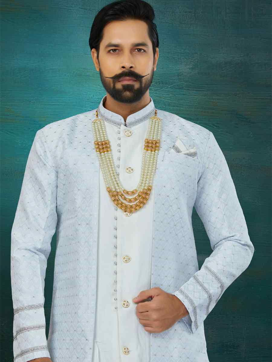 Sky Blue Banarasi Jacquard Art Silk Embroidered Wedding Groom Sherwani