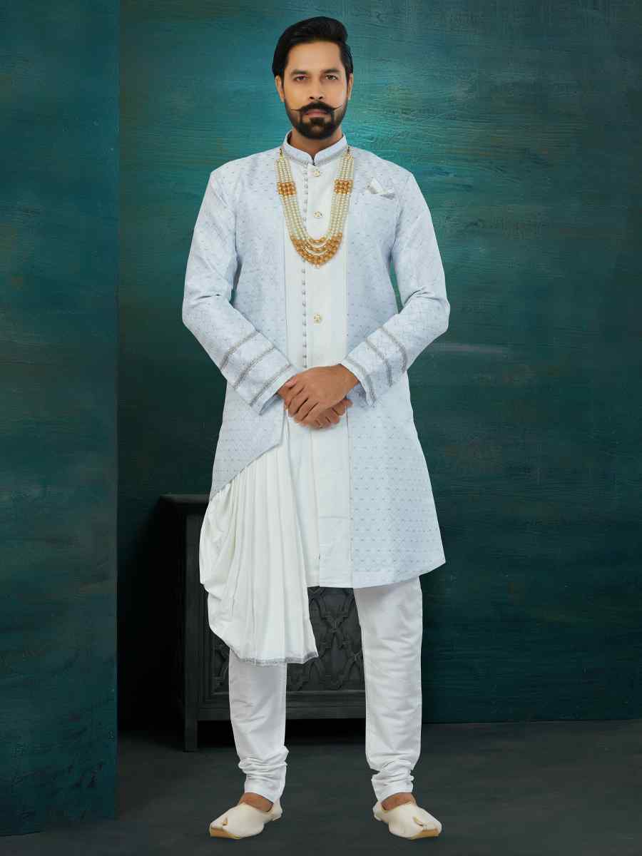 Sky Blue Banarasi Jacquard Art Silk Embroidered Wedding Groom Sherwani