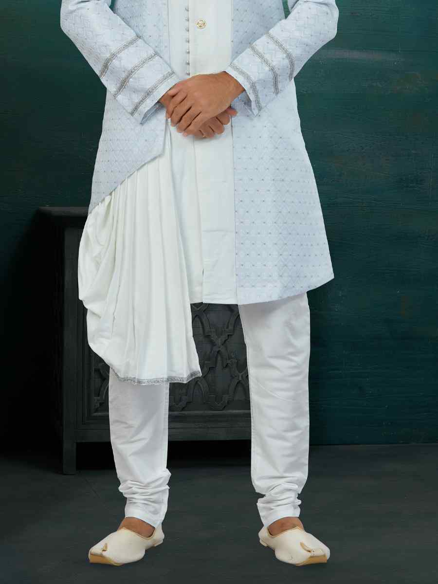 Sky Blue Banarasi Jacquard Art Silk Embroidered Wedding Groom Sherwani