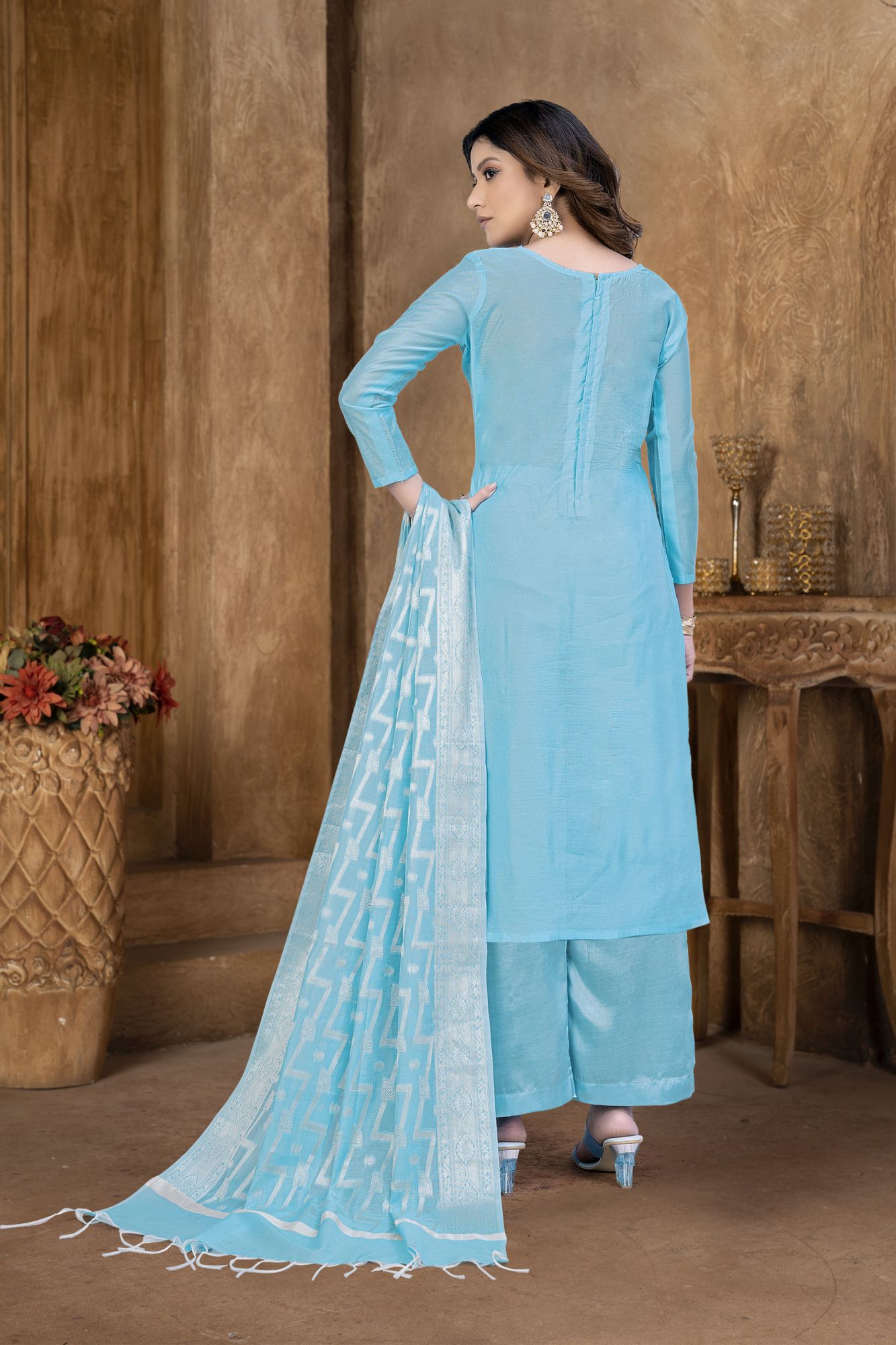 Sky Blue Banarasi Jacquard Embroidered Festival Party Pant Salwar Kameez