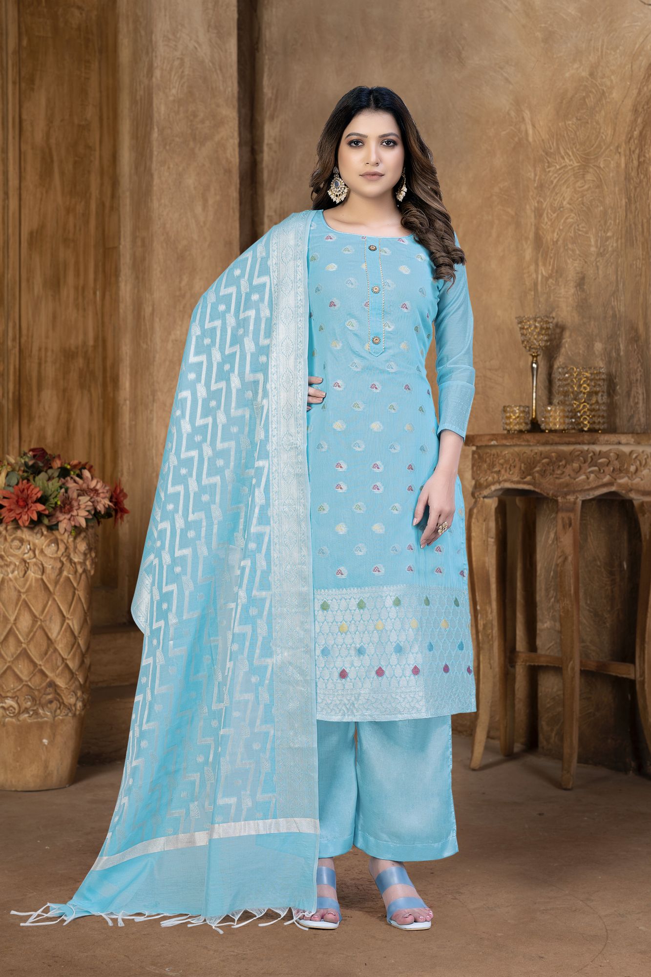 Sky Blue Banarasi Jacquard Embroidered Festival Party Pant Salwar Kameez