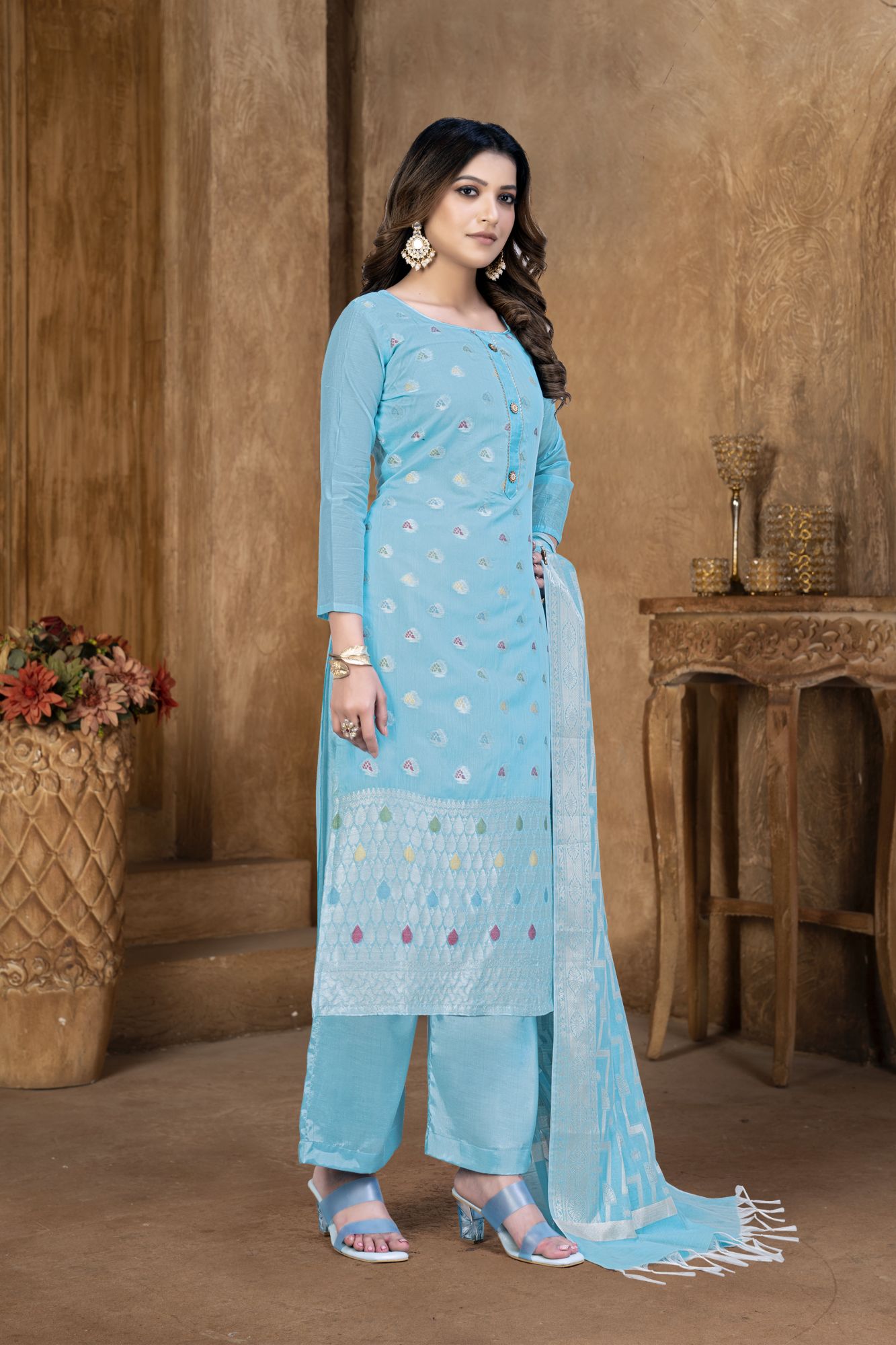 Sky Blue Banarasi Jacquard Embroidered Festival Party Pant Salwar Kameez