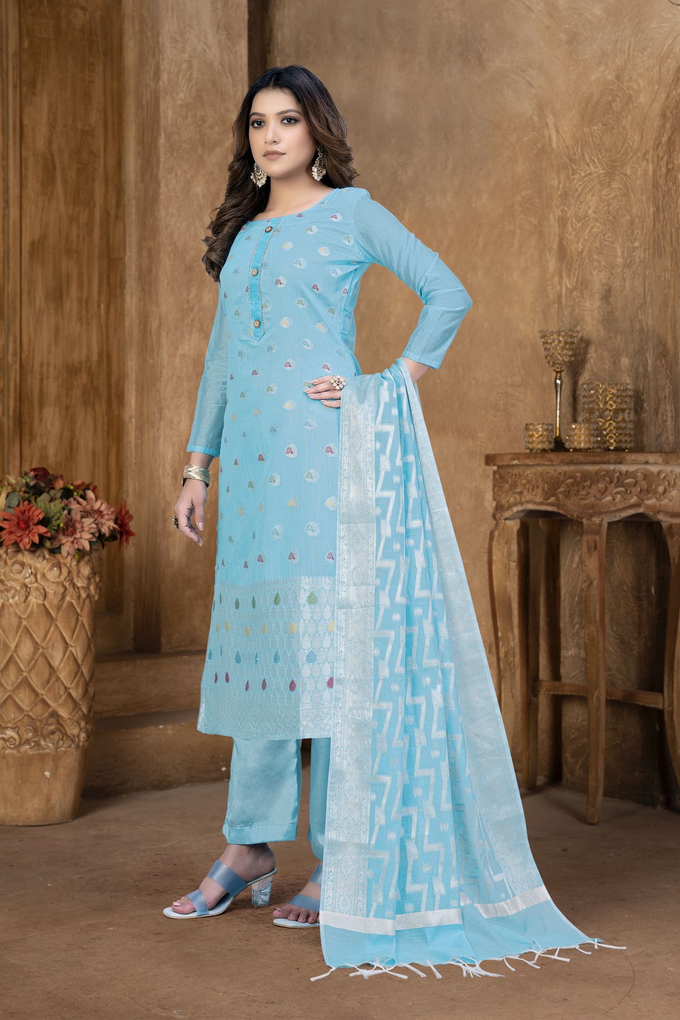 Sky Blue Banarasi Jacquard Embroidered Festival Party Pant Salwar Kameez