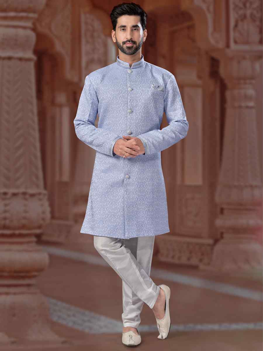 Sky Blue Banarasi Jacquard Embroidered Groom Wedding Sherwani