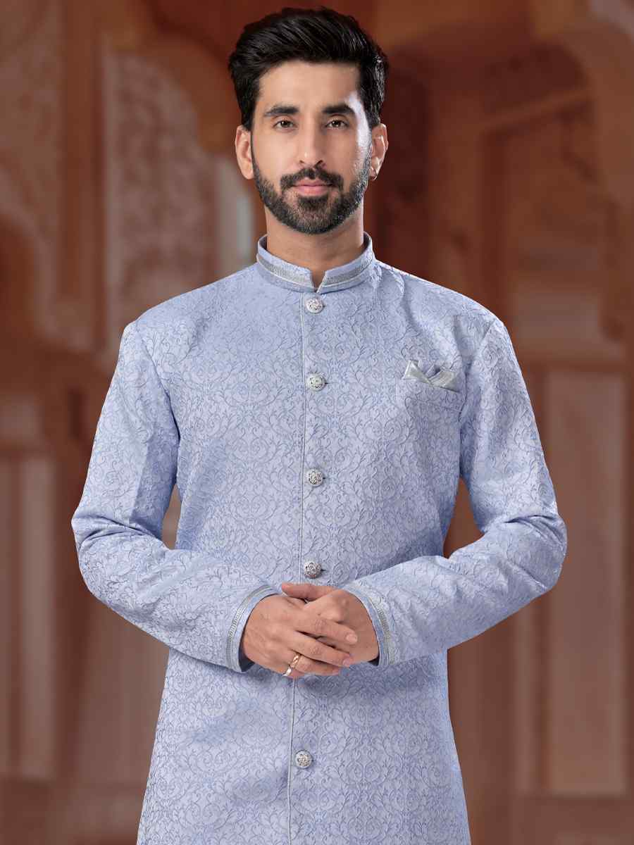 Sky Blue Banarasi Jacquard Embroidered Groom Wedding Sherwani