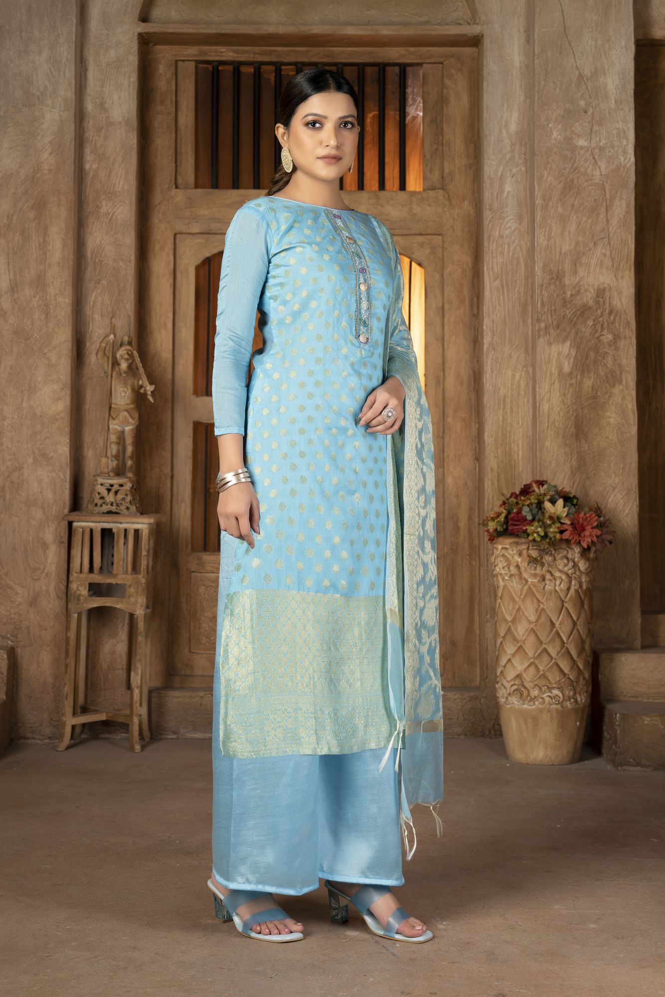 Sky Blue Banarasi Jacquard Embroidery Pant Salwar Kameez