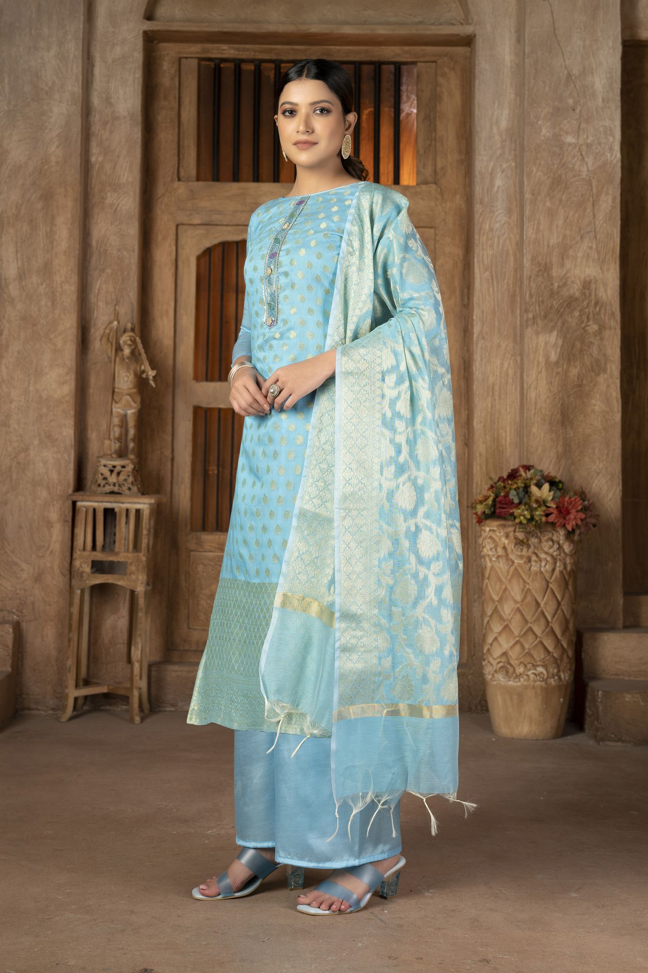 Sky Blue Banarasi Jacquard Embroidery Pant Salwar Kameez