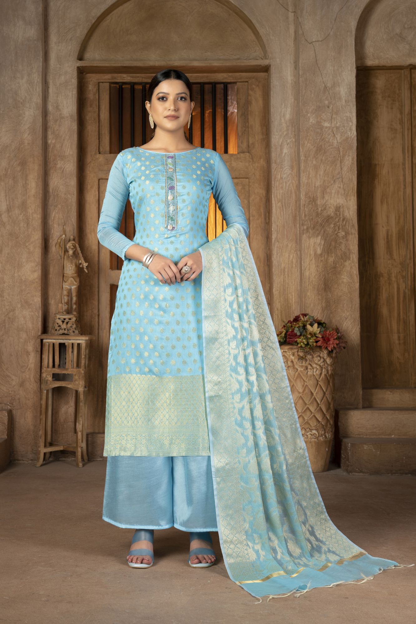Sky Blue Banarasi Jacquard Embroidery Pant Salwar Kameez