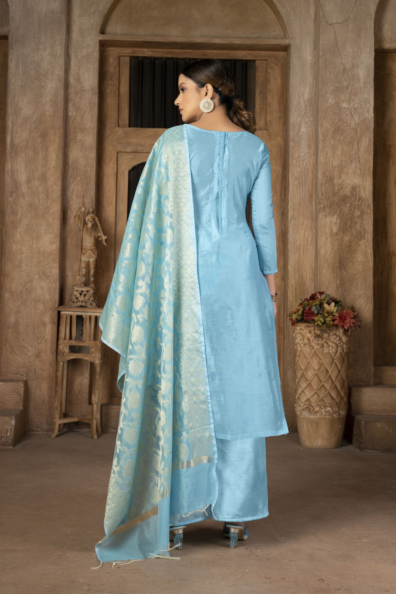 Sky Blue Banarasi Jacquard Embroidery Pant Salwar Kameez