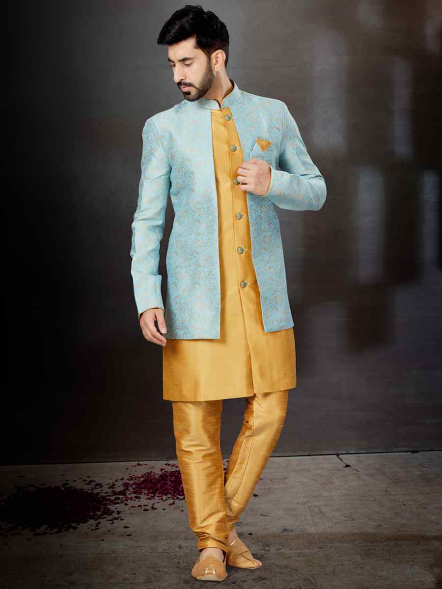 Sky Blue Banarasi Jacquard Silk Dupion Embroidered Festival Wedding Sherwani