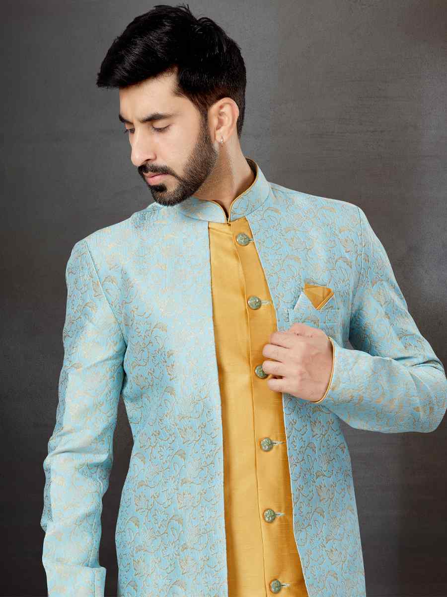 Sky Blue Banarasi Jacquard Silk Dupion Embroidered Festival Wedding Sherwani