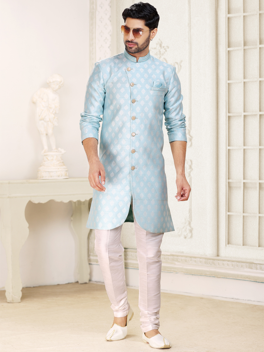 Sky Blue Banarasi Jacquard Woven Wedding Party Sherwani