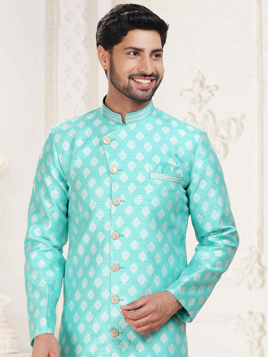 Sky Blue Banarasi Jacquard Woven Wedding Party Sherwani