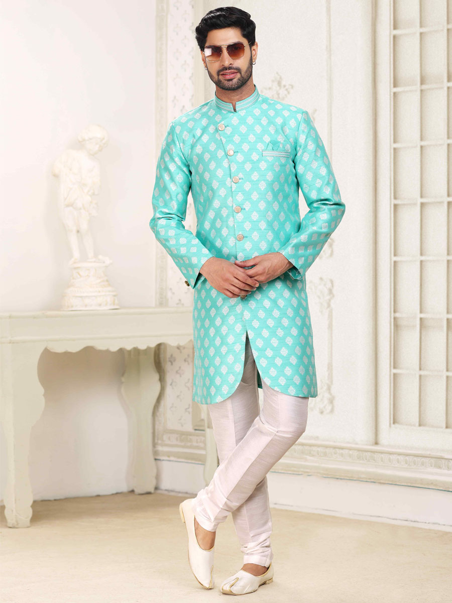 Sky Blue Banarasi Jacquard Woven Wedding Party Sherwani