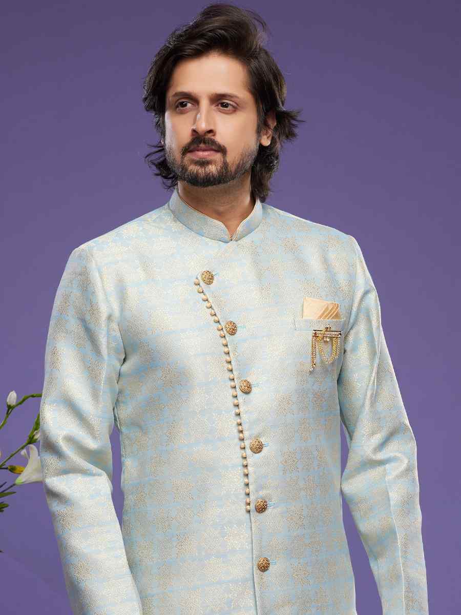 Sky Blue Banarasi Jacquard Woven Wedding Party Sherwani