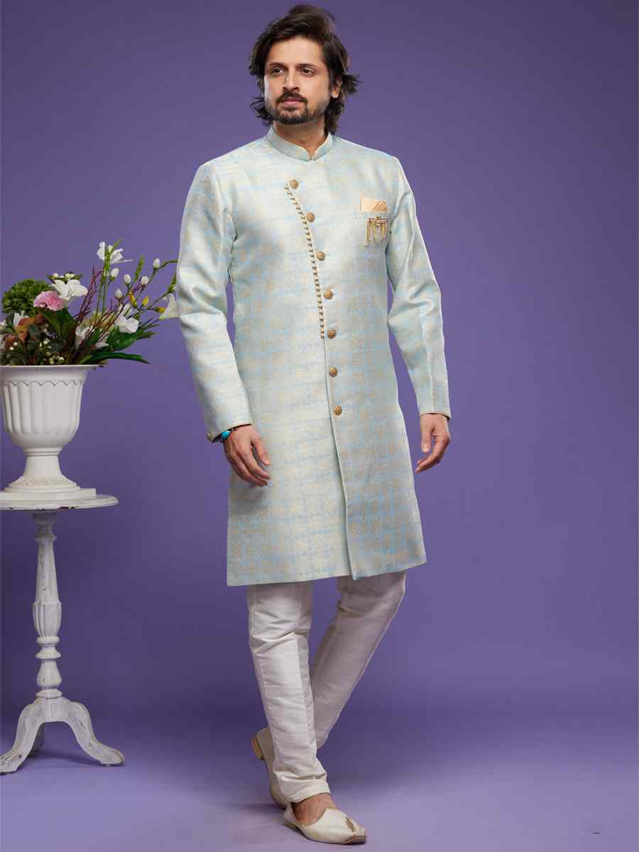 Sky Blue Banarasi Jacquard Woven Wedding Party Sherwani