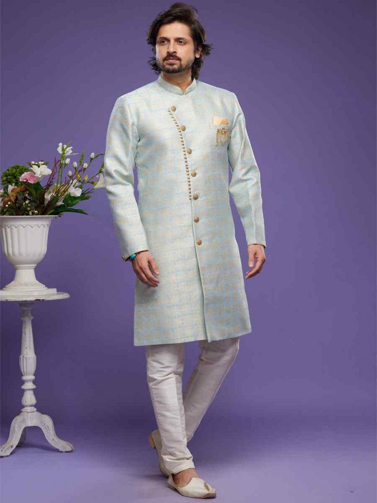 Sky Blue Banarasi Jacquard Woven Wedding Party Sherwani