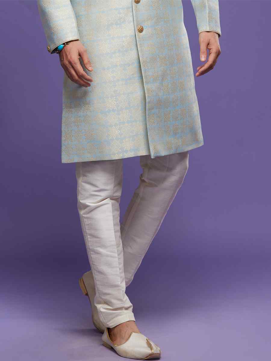 Sky Blue Banarasi Jacquard Woven Wedding Party Sherwani