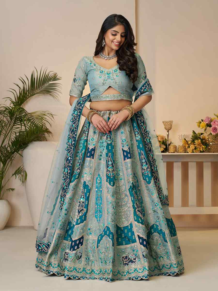 Sky Blue Banarasi silk Embroidered Wedding Bridesmaid Heavy Border Lehenga Choli