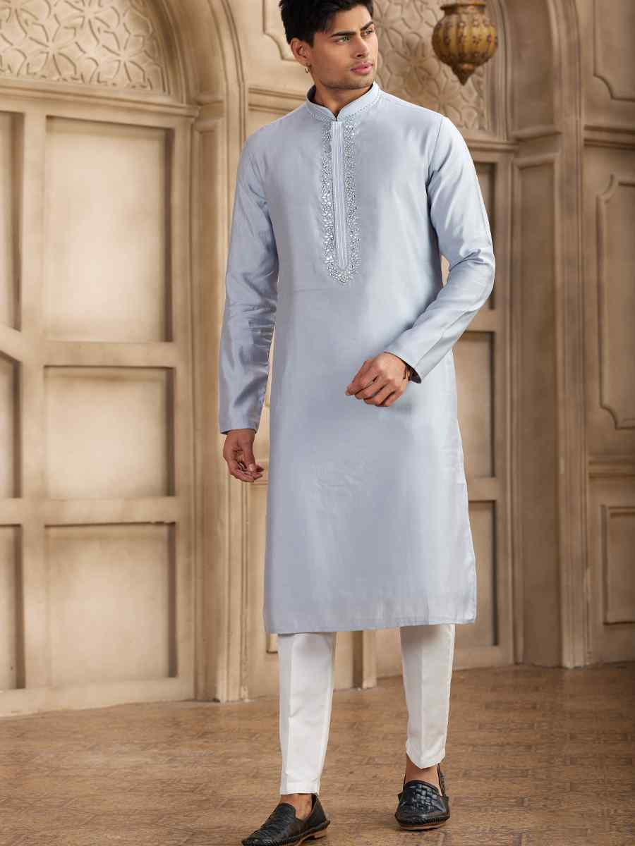 Sky Blue Banarasi Silk Embroidered Festival Party Kurta