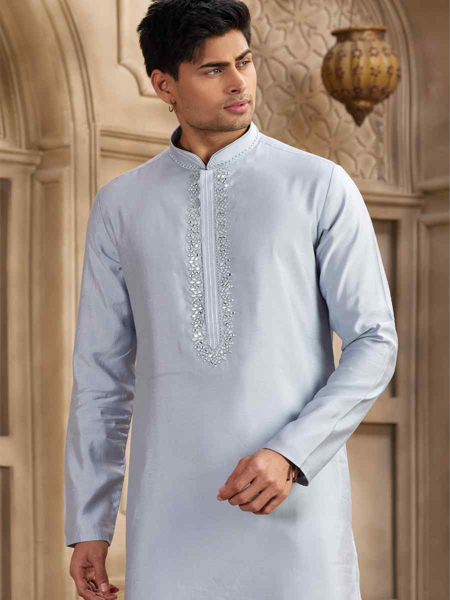 Sky Blue Banarasi Silk Embroidered Festival Party Kurta