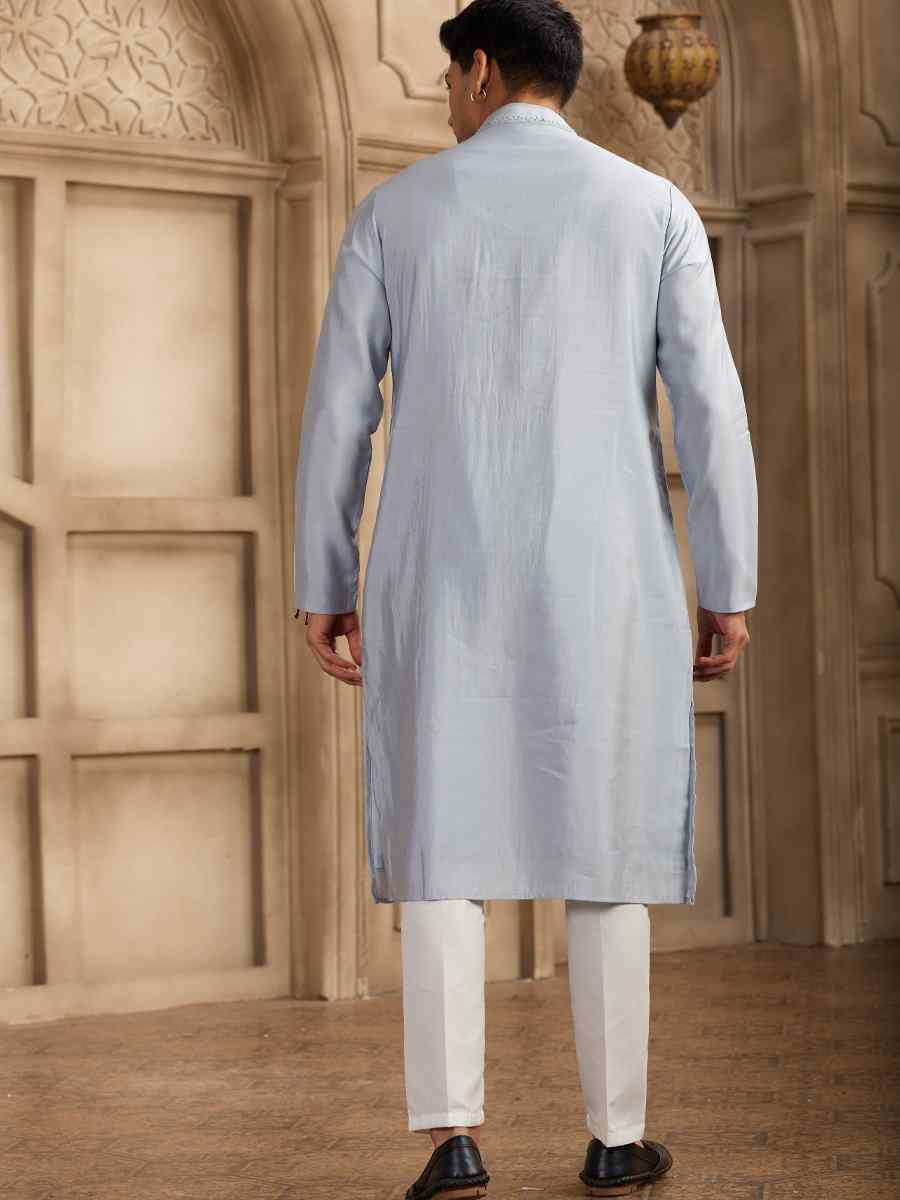 Sky Blue Banarasi Silk Embroidered Festival Party Kurta