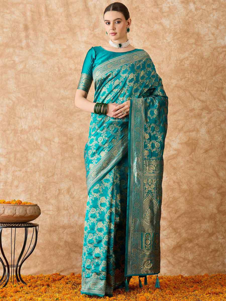 Image of Sky Blue Banarasi Silk Handwoven Bridal Reception Festival Wedding Fancy Heavy Border Sarees