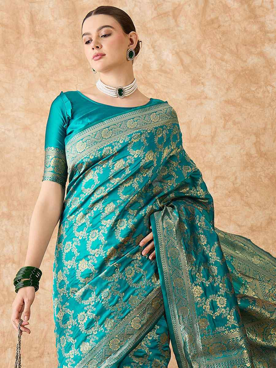 Sky Blue Banarasi Silk Handwoven Bridal Reception Festival Wedding Fancy Heavy Border Sarees