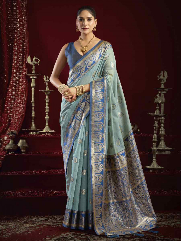 Image of Sky Blue Banarasi Silk Handwoven Casual Reception Festival Wedding Fancy Heavy Border Saree