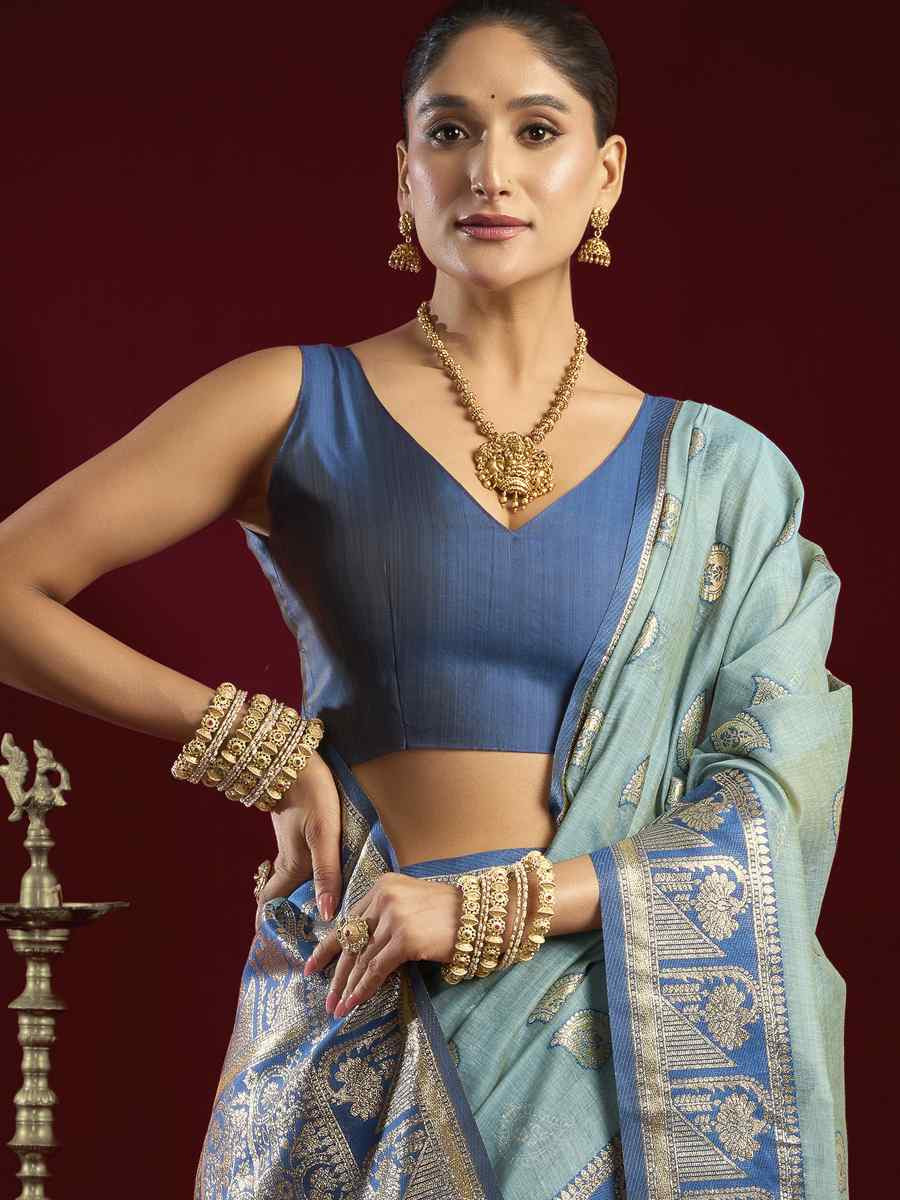 Sky Blue Banarasi Silk Handwoven Casual Reception Festival Wedding Fancy Heavy Border Saree