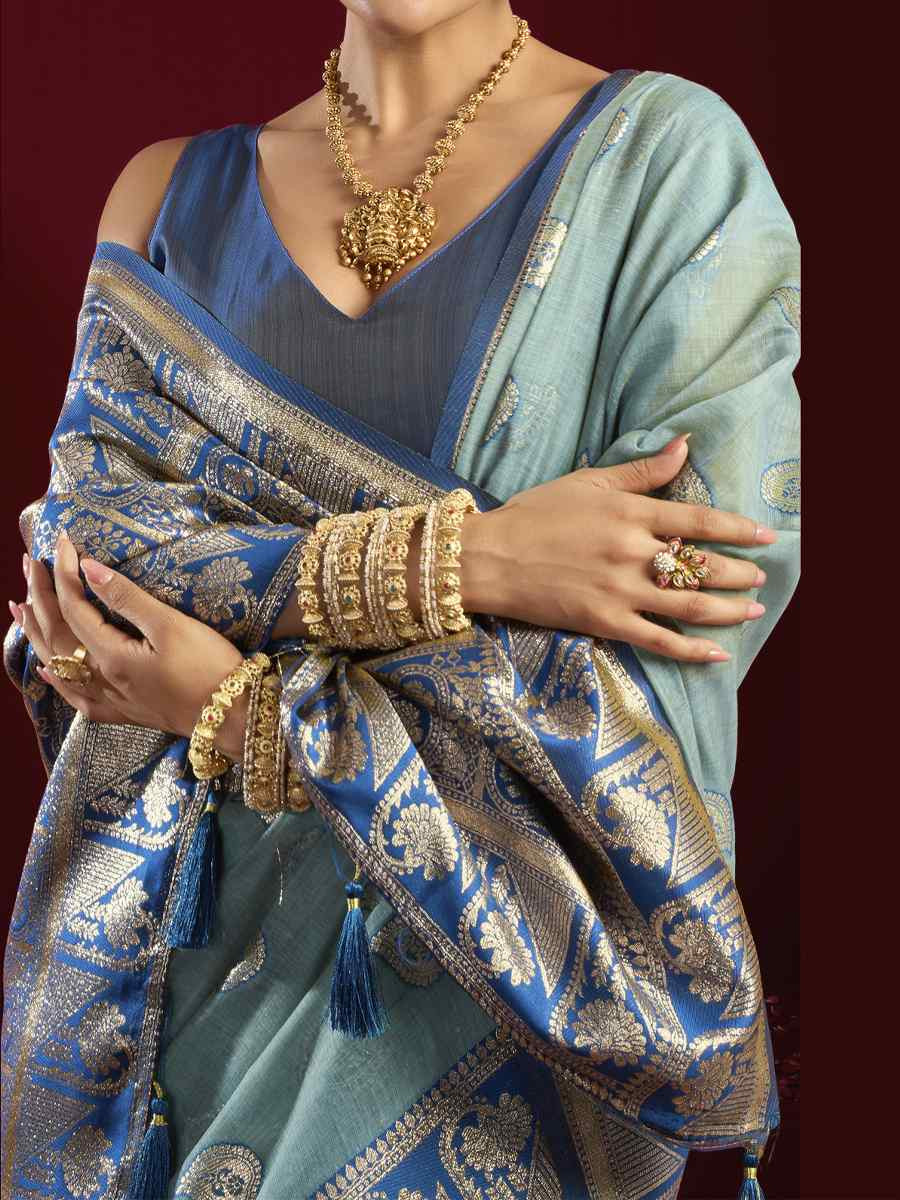 Sky Blue Banarasi Silk Handwoven Casual Reception Festival Wedding Fancy Heavy Border Saree