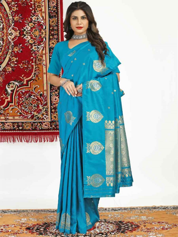 Sky Blue Banarasi Silk Handwoven Festival Casual Classic Style Saree
