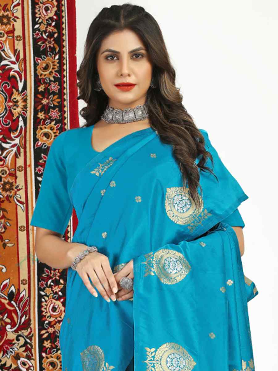 Sky Blue Banarasi Silk Handwoven Festival Casual Classic Style Saree