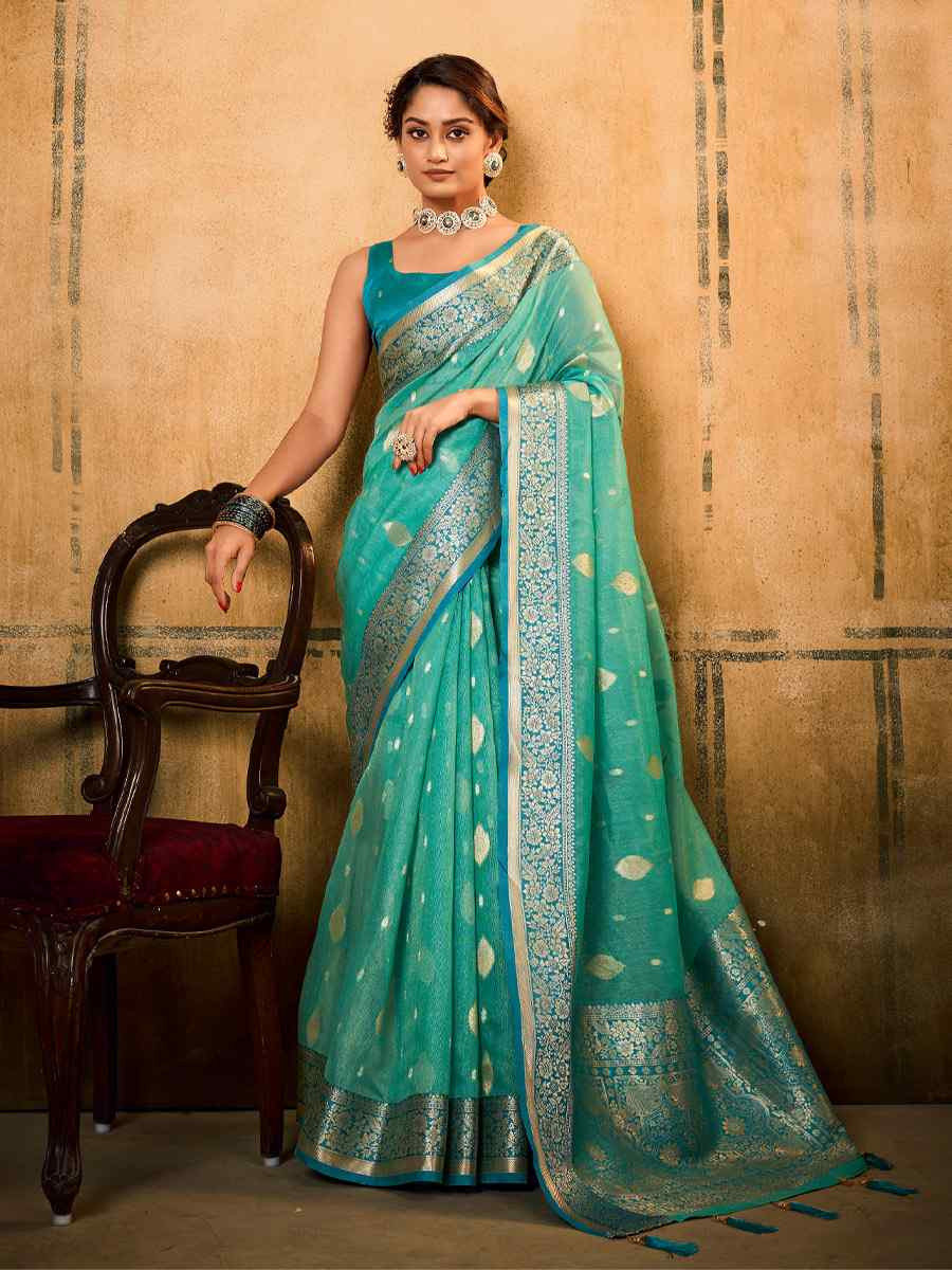 Sky Blue Banarasi Silk Tissue Handwoven Festival Wedding Fancy Heavy Border Saree