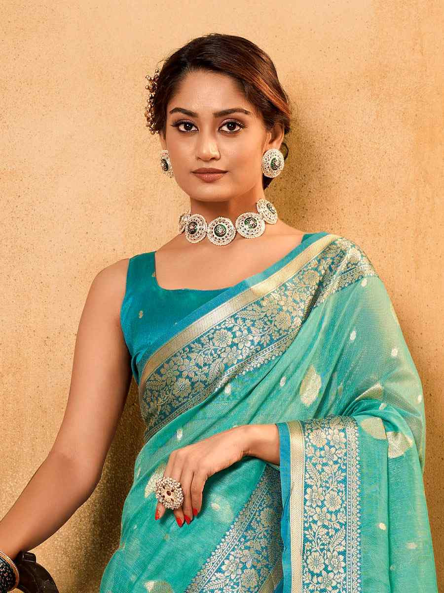 Sky Blue Banarasi Silk Tissue Handwoven Festival Wedding Fancy Heavy Border Saree