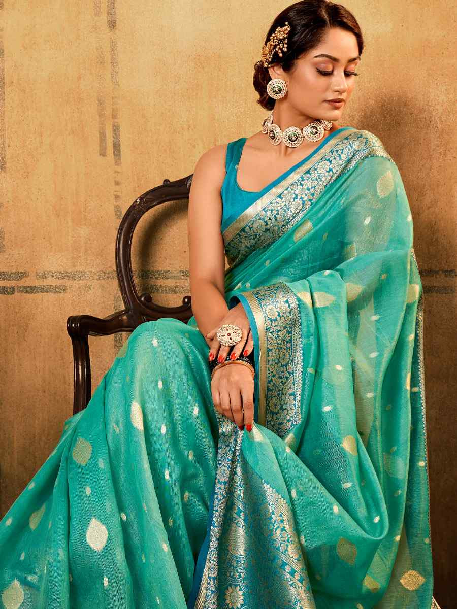 Sky Blue Banarasi Silk Tissue Handwoven Festival Wedding Fancy Heavy Border Saree