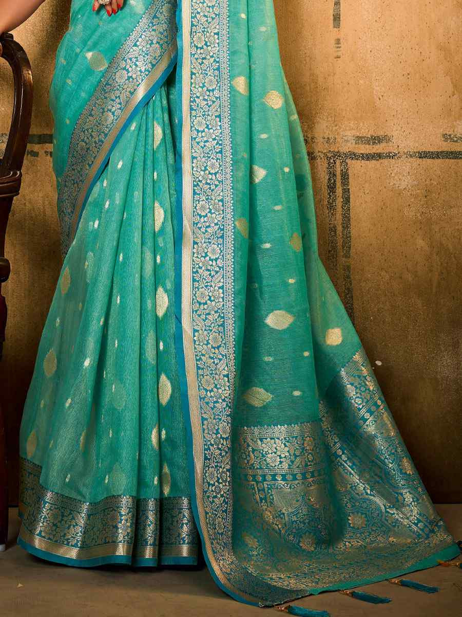 Sky Blue Banarasi Silk Tissue Handwoven Festival Wedding Fancy Heavy Border Saree