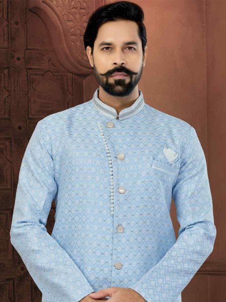 Sky Blue Banarasi Zari Jacquard Embroidered Wedding Groom Sherwani